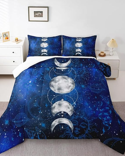Sun and Moon Kids Comforter Set Twin Size,Starry Sky Galaxy Planet Trippy Bedding Set,Boys Girls Adults Room Decor,Hassam Hand Dead Snake Boho Exotic Down Comforter,Blue Duvet Insert,1 Pillowcase