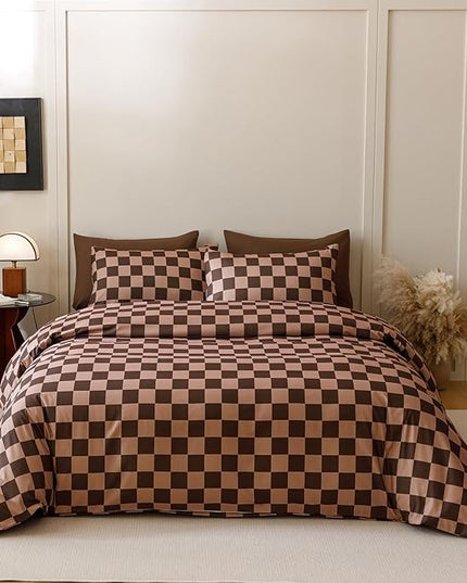 CLOTHKNOW Brown Grid King Size Comforter Set Plaid Bedding Comforter Sets Checker Geometric Comforter with 2 x Pillow Cases