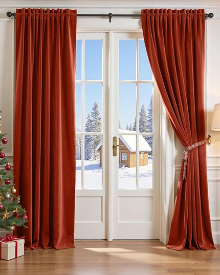 Lazzzy Velvet Blackout Curtains Thermal Insulated Room Window Drapes Super Soft Luxury Curtains for Living Room Bedroom Rod Pocket 2 Panels, Rust Red, 52" W x 120" L