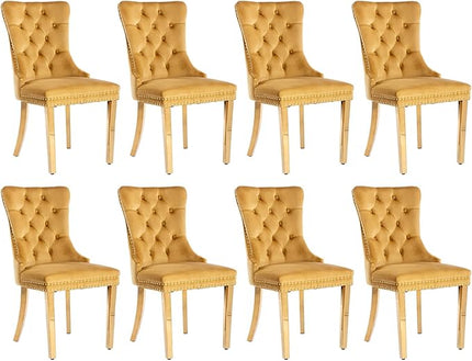 SoarFlash Velvet Dining Chairs Set of 8, Tall Back Side Chair, Modern Upholstered Side Chair with Button Back Ring, Gold Plated Stainless Steel Legs (Gold)