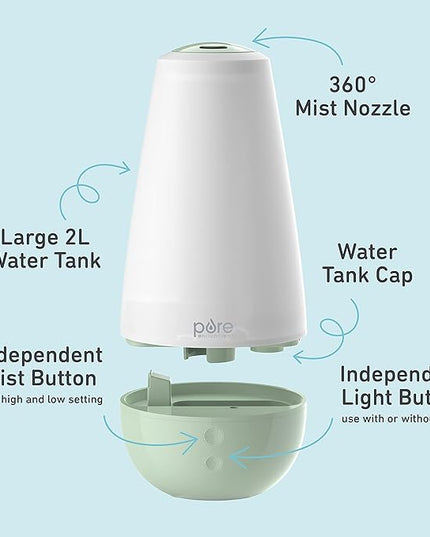 Pure Enrichment® PureBaby® 3-in-1 Whisper-Quiet Humidifier, Color Changing Night Light, & Essential Oil Diffuser for Baby Nursery & Kids Bedroom to Relieve Congestion, Colds, & Coughs (Whisper Green)