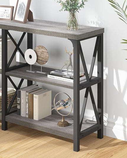 IBF Sofa Table, Modern Metal Wood 3 Tier Entryway Table, Industrial Console Table with Storage Shelves, Foyer Hallway Couch Table Behind Sofa for Living Room, Long Horizontal Bookshelf, Grey Oak, 55in
