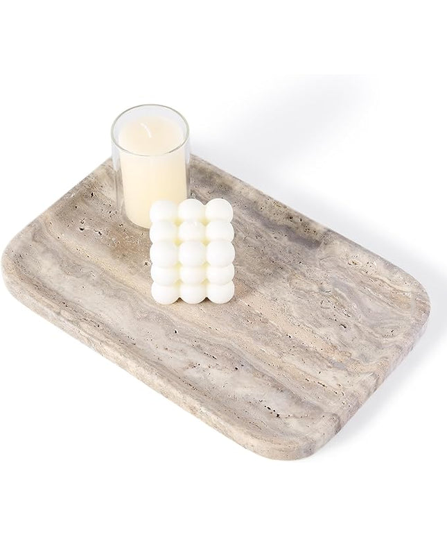 Marble Vanity Trays, Travertine Bathroom Tray, Decorative Tray for Dresser Countertop, Grey Stone Serving Holder for Kitchen, Storage Trays for Perfume, Jewelry Candle Organizer