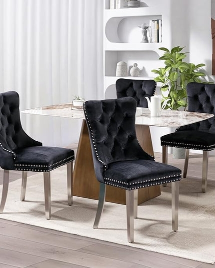 SoarFlash Velvet Dining Chair Set of 4, Upholstered Tufted Dining Room Chair with Nailhead Trim, Solid Silver Plated Leg for Kitchen (Black)