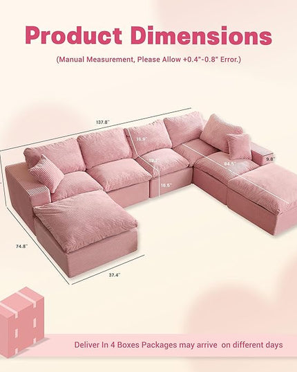 137.8” Sectional Couches for Living Room, Cloud Couch, Modular Sectional Sofa, Convertible Sofas Bed, Deep Seat Sofa, Sleeper Sofa Full Size, Corduroy, Pink