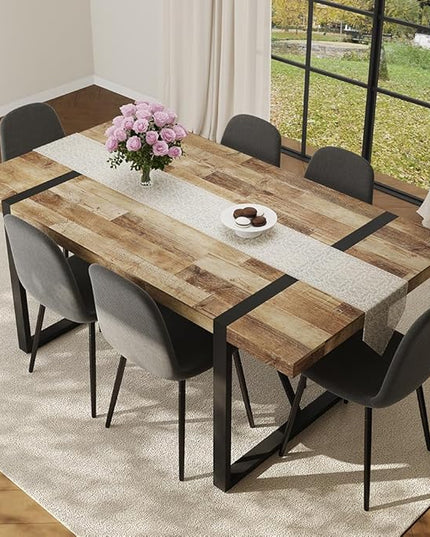 FURNITO Wood Dining Table Set for 6, 71" Large Rectangular Kitchen & Dining Room Table with 6 Fabric Linen Chairs, Modern Farmhouse Dining Set for Home, Living Room, Office, or Conference Room