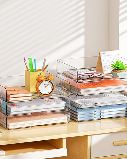 YKLSLH 4 Trays Paper Organizer Letter Tray - Acrylic Desk File Organizer, Stackable Clear Paper Holder Sorter Office Organizer for Letter/A4, Office File Ipad Books Notes Etc