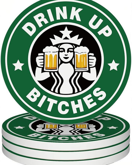 zcyhtqp, Drink up Bxxches, Funny Absorbent Round Ceramic Stone Coasters Set of 4 with Cork Base, Funny Bar Coasters, Sisters Gift, Gifts for Home, Kitchen, Bar, Office Table Décor