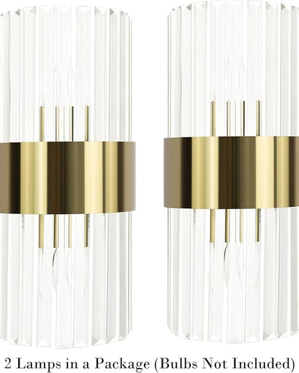 Gold Crystal Wall Sconce Set of 2, Modern Crystal Glass Sconces Lighting 2-Light Brass Glass Wall Light Fixtures for Bathroom Hallway Bedroom, 8-Inch