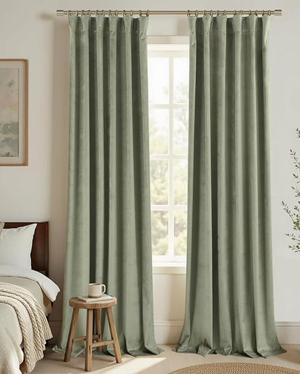 KOUFALL Sage Green Velvet Curtains for Bedroom Aesthetic Subtle Textured Blackout Boho French Country Cottage Core Curtains for Living Room 84 Inch Long