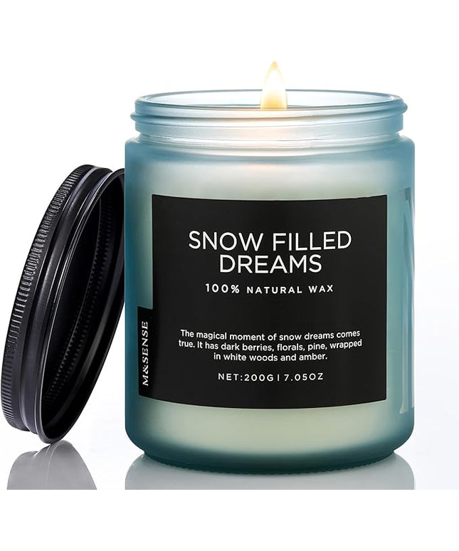M&SENSE Snow Filled Dream - Jasmine & Pine Scented Natural Soy Wax Cotton Wick Candle for Home Decor, 7.05oz 50 Hours Long Lasting Winter Scent Holiday Gifts for Women Men