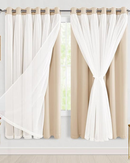 Hiasan Blackout Curtains with Sheer Overlay, Grommet Thermal Insulated Privacy Mix and Match Double Layer Window Curtains for Girls Bedroom, Living Room, 2 Drape Panels with Tiebacks, Beige, 70W X 63L