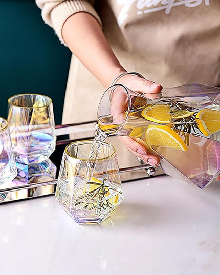 XKXKKE Diamond Wine Glasses Set of 4, 10 OZ Modern Stemless Gold Rim Glass Cups Iridescent Drinking Glassware for Serving Party, Home, Bar, Restaurants, Gift, Rainbow Tumbler, Colorful 4 Pack