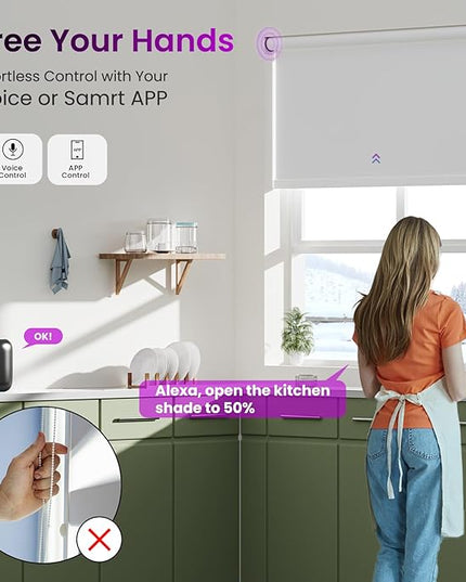 Astomi Motorized Smart Blinds for Windows, Automatic Roller Blackout Shades with Remote Control Compatible with Alexa Google Assistant Customized, Vinyl-Pure White