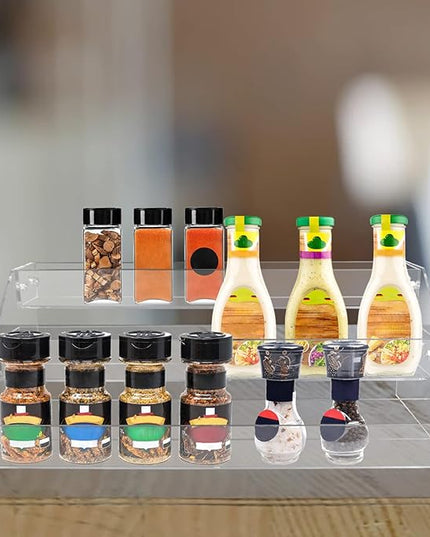 PMMASTO Tiered Spice Rack, Seasoning Organizer, Clear Acrylic Vertical Shelves Can Organizer for Countertop, Cabinet, Pantry, Kitchen Organization and Storage - 3 Tier