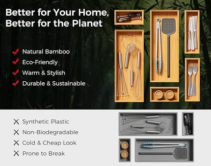 Bamboo Kitchen Drawer Organizer Boxes – 9" x 6" Stackable Wood Silverware Utensil Tray for Drawers Bins, Cutlery & Flatware Storage – Wooden Organizers Set of 2 for Junk Drawer, Bathroom, RV