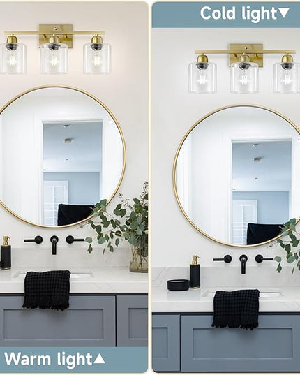 Modern Brushed Gold 3 Light Bathroom Light Fixtures, 19 inch Vanity Lights for Bathroom with Clear Glass, Bathroom Lighting Fixtures Over Mirror for Mirror Kitchen Living Room