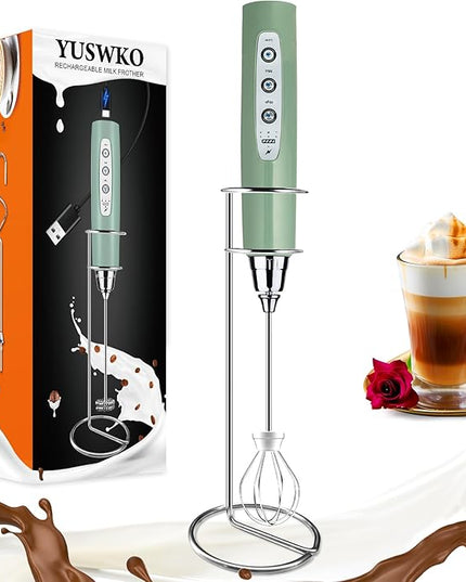 YUSWKO Granite Rechargeable Milk Frother for Coffee with Stand, Handheld Drink Mixer with 3 Heads 3 Speeds Electric Stirrers for Latte, Cappuccino, Hot Chocolate, Egg