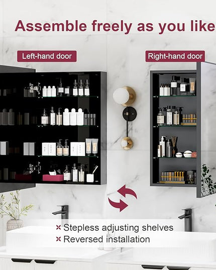 Black Medicine Cabinet Mirror, 17x30 Inch Bathroom Wall Cabinet Mirror with Storage & Adjustable Shelves, Wall Mounted Medicine Cabinets for Bathroom,Tempered Glass