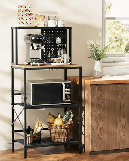Kitchen Bakers Rack with Pegboard, 4-Tiers Coffee Bar Table, Heavy-Duty Metal Microwave Stand, Adjustable Storage Shelf Rack for Living Room, Garage, Office