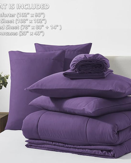CozyLux King Size Comforter Set Purple, 7 Pieces Bed in a Bag, Purple Comforter King Size, All Season Bedding Sets with Stitch Quilted Comforter, Flat Sheet, Fitted Sheet, Pillowcases
