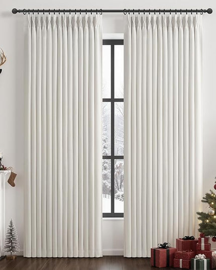 Pinch Pleated Black Out Curtains 84 Inch Long for Living Room, Beige White Thick Linen Memory Trained Boho Bedroom Darkening Curtain 84 Inch Length 2 Panel Set Double Layer Thermal Viral Window Drapes