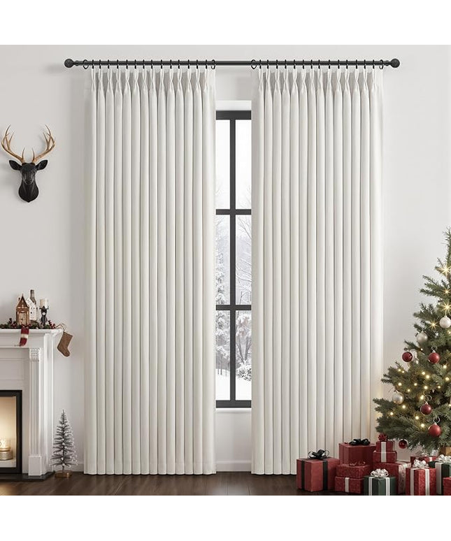 Pinch Pleated Black Out Curtains 84 Inch Long for Living Room, Beige White Thick Linen Memory Trained Boho Bedroom Darkening Curtain 84 Inch Length 2 Panel Set Double Layer Thermal Viral Window Drapes
