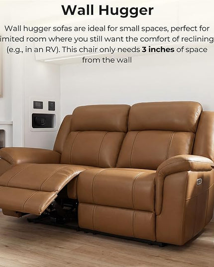 CHITA Genuine Leather Power Recliner Sofa, Wall Hugger Reclining Sofa with Drop Down Table, Power Headrest, Drawers, Charging Ports, Reclining Sectional Couch for Living Room, RV, Saddle