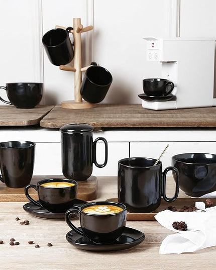vicrays Ceramic Coffee Mug Set - 18 Ounce Large Stoneware Mug for Men Women - Unique Glazed Porcelain Mugs with Handle for Coffee Latte Tea Milk Cocoa - Set of 4 (Black)
