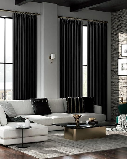 Pinch Pleated Linen Black Curtains 90 Inches Long Drapes for Living Room, Light Fitering Non See Through Privacy Window Pleat Curtain with Back Tab Hooks for Bedroom Dining Room 2 Panels Set