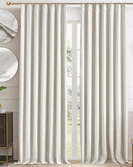 IVAPUPU Natural Linen Blend Pinch Pleated Blackout Curtains for Bedroom - 2 Panels 100% Black Out Curtains 108 Inch Long for Living Room Darkening Thermal Window Curtain Drapes with 16pc Hooks