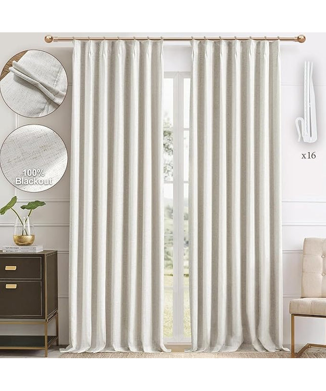 IVAPUPU Linen Pinch Pleated Blackout Curtains for Bedroom - 100% Black Out Natural Curtains 102 Inch Long 2 Panel for Living Room Darkening Thermal Insulated Thick Window Drapes with 16pc Hooks