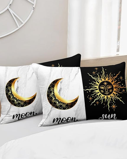 AILONEN Sun and Moon Queen Size Bedding Set,Black and White Marble Print Duvet Set Room Decor 3Pcs,Celestial Boho Comforter with 2 Pillowcases