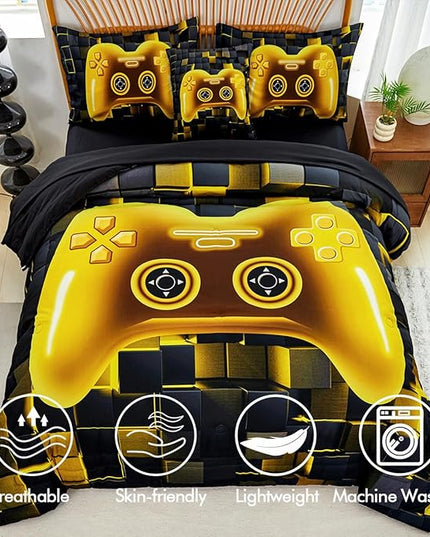 PERFEMET Kids Bedding Sets for Boys Full Size 6 Pcs Black Gold Game Console Comforter with Sheet Set Soft Fluffy Video Gamer Bed Set Lightweight Comfy Gaming Bed in A Bag for All Season(Gold, Full)