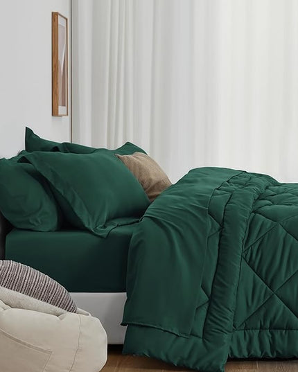 Love's cabin Twin XL Comforter Set Dark Green, 5 Pieces Twin XL Bed in a Bag, All Season Bedding Sets with 1 Comforter, 1 Flat Sheet, 1 Fitted Sheet, 1 Pillowcase and 1 Pillow Sham