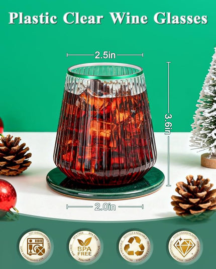 BESTSTAR 36 Pcs 12 oz Plastic Clear Green Rim Ribbed Wine Glasses, Origami Ripple Disposable Champagne Glasses Elegant Whiskey Glasses Ideal for Weddings, Bars, Christmas, Pool Party, Daily Use