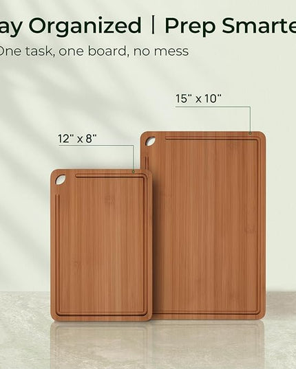 Butcher Block 2-Pcs Carbonized Bamboo Cutting Board Set With Juice Groove For Meal Prep & Cheese Serving - Ideal Kitchen Gift Set of 2 (M+L)