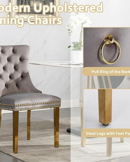 Henf 7-Piece Glass Dining Table Set with 6 Upholstered Dining Chairs, Large Gold Dining Table and Chair Set for 6, Modern Kitchen Table Furniture for Dining Room, Stainless Steel Base and Glass Top