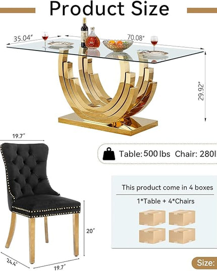 Henf 5-Piece Glass Dining Table Set with 4 Upholstered Dining Chairs,Large Glass Dining Room Table Set for 4, Modern Kitchen Table Furniture for Dining Room, Gold Dining Table and Chair Set for 4