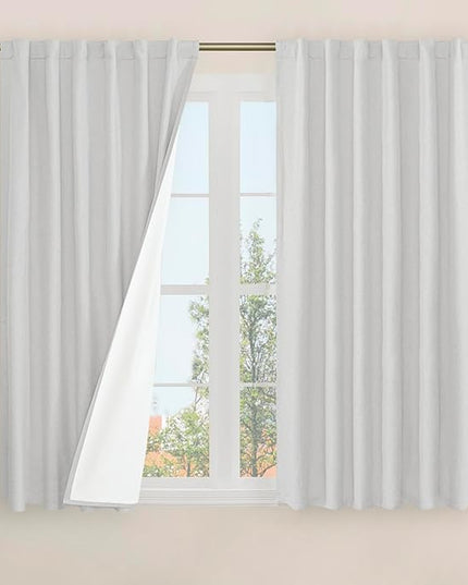 LAMIT Light Grey Linen Full Blackout Window Curtains for Bedroom, 54 Inches Thermal Farmhouse Curtains Back Tab and Rod Pocket Privacy Protected Burlap Panels with White Liner, 2 Panels, 52 x 54 Inch