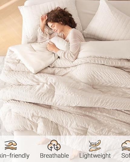 MUXHOMO 7 Pieces Queen Comforter Set, Seersucker Bed in a Bag Queen Size, All Season Luxury Bedding Set with Comforter, Flat Sheet, Fitted Sheet, Pillowcases & Shams, Beige