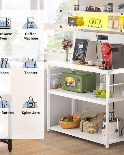 Aheaplus Bakers Rack with Power Outlet, Microwave Stand, 5 Tiers Coffee Bar Station with Led Lights, Kitchen Storage Shelf with 6 S-Shaped Hooks, Kitchen Rack Coffee Bar Stand, White
