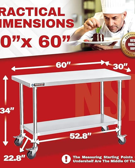 DuraSteel 30x60 NSF Stainless Steel Cart Work Table - Heavy Duty Rolling Food Prep Table Countertop Island - Metal Utility Cart on Wheels Caster, Grill Stand Storage Outdoor Kitchen Tables Bar Top