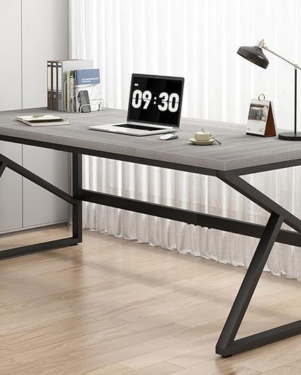 HSH 70 Inch Long Grey Desk, Large Home Office Computer Desk for 2 People, Industrial Wood and Metal Executive Work Writing Study Gaming Desk Table, Modern Bedroom Simple PC Laptop Desk Double Desk