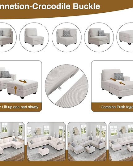 Legend Vansen Oversized Modular Sectional Sofa,16 Seat U Shaped Couch with Ottoman,Corduroy Sofa with Deep Seat,Convertible Large Sectional Couches for Living Room (Cream, U-16)