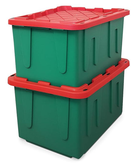 HOMZ 2-Pack Durabilt, Heavy Duty Plastic Storage Bins with Lids, 27 Gallon, Green/Red - Stackable Container Boxes for Holiday, Attic, and Garage Organization