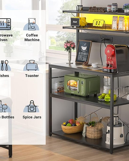 Aheaplus Bakers Rack with Power Outlet, Microwave Stand, 5 Tiers Coffee Bar Station with Led Lights, Kitchen Storage Shelf with 6 S-Shaped Hooks, Kitchen Rack Coffee Bar Stand, Black