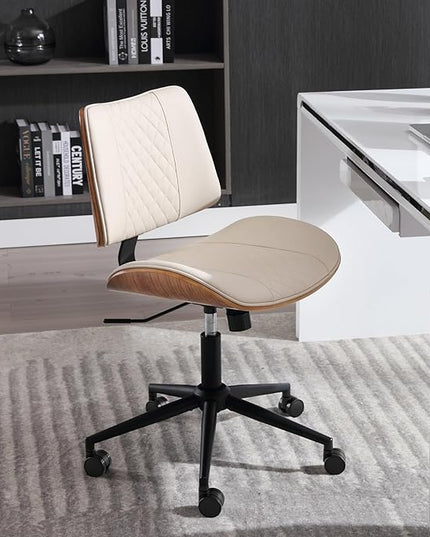 Home Office Chair No Arms with Wheels, Adjustable Height Small Desk Chair, PU Leather Mid Back 360 Swivel Computer Chair, Armless Modern Walnut Chair for Office, Reading Meeting Room(Beige)