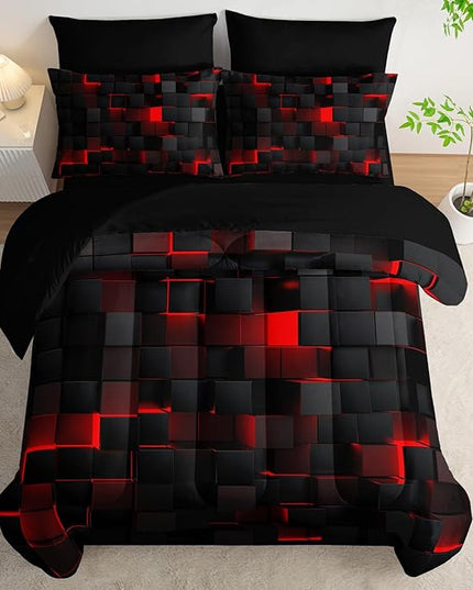 Geometric Red Black Queen Comforter Set,Light Honeycomb Bedding Set 7 Piece in A Bag,Bed Sheet Set Geometry Decor,Microfiber Lightweight All Season