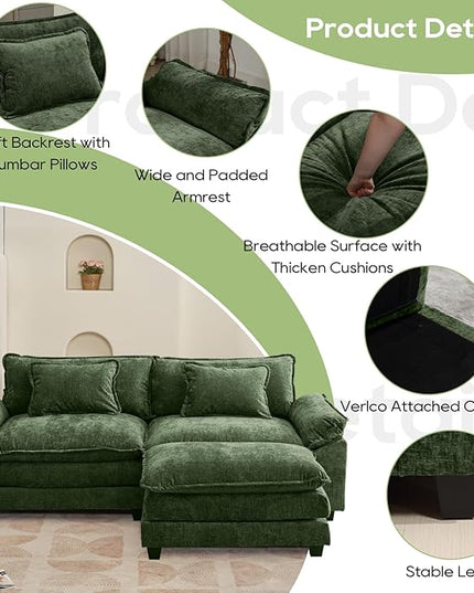 86" Modular Sectional Sofa, Comfy Cloud Couch Sectional Sofa with Ottoman, Chenille Sofa Sleeper Deep Seat Sofa with Throw Pillows for Living Room (Green, 86"- L Shape)